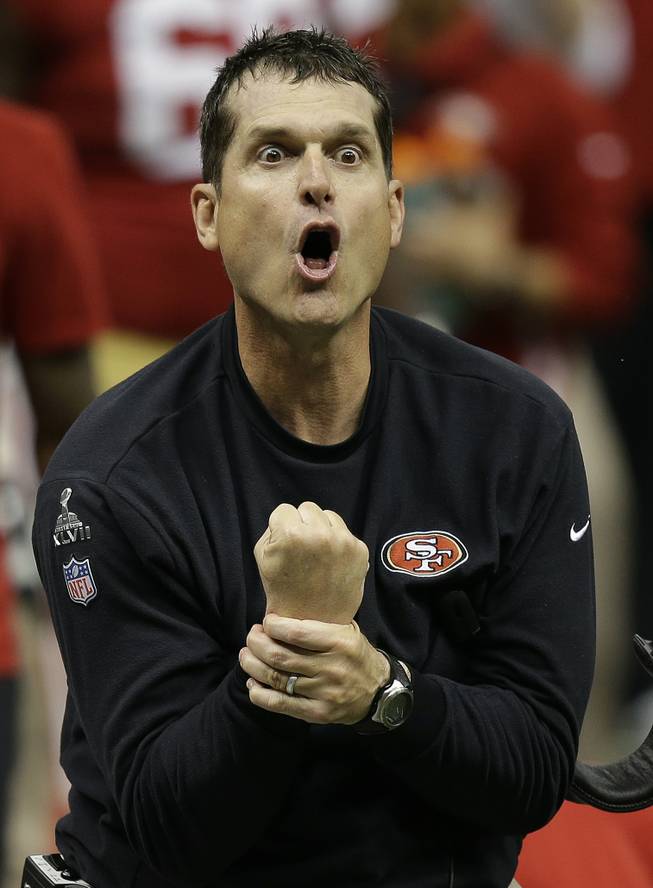 San Francisco 49ers head coach Jim Harbaugh protests a non-call by the officials after a fourth down play during the second half of the NFL Super Bowl XLVII football game against the Baltimore Ravens, Sunday, Feb. 3, 2013, in New Orleans. (AP Photo/Gene Puskar)